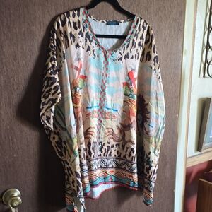 Boho V-Neck Printed Blouse in Aqua and Beige